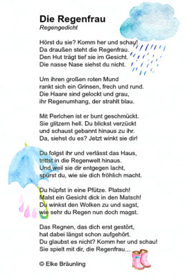 Ausmalbild: Die Regenfrau mit Regenschirm, Hut und tanzenden Tropfen